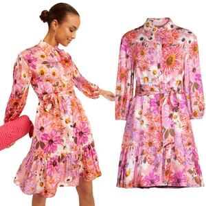 Rachel Parcell Floral Print Belted Satin Shirt Dress Pink Sz 12